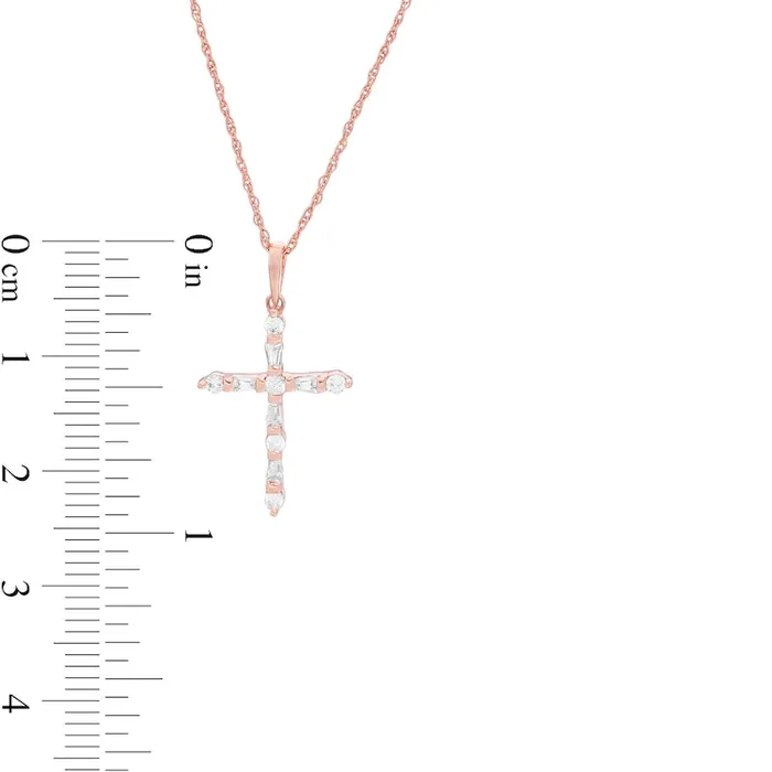 02 CT TW Baguette and Round Natural Diamond Cross Pendant in 10K Rose Gold Goldia Necklaces