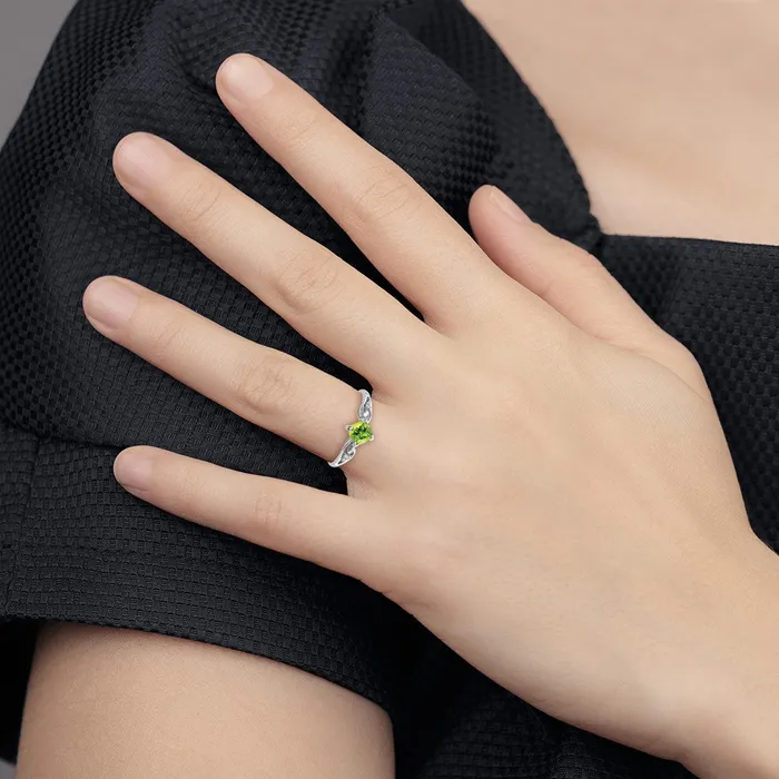 Goldia Sterling Silver Rhodium Plated Diamond and Peridot Cushion Ring Rings