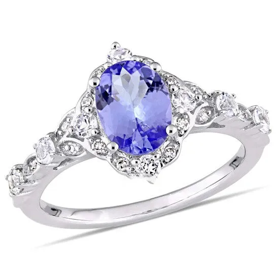 Original Oval Tanzanite White Sapphire and Diamond Accent Halo Ring JMS always Rings Original Oval Tanzanite White Sapphire and Diamond Accent Halo Ring JMS always Rings