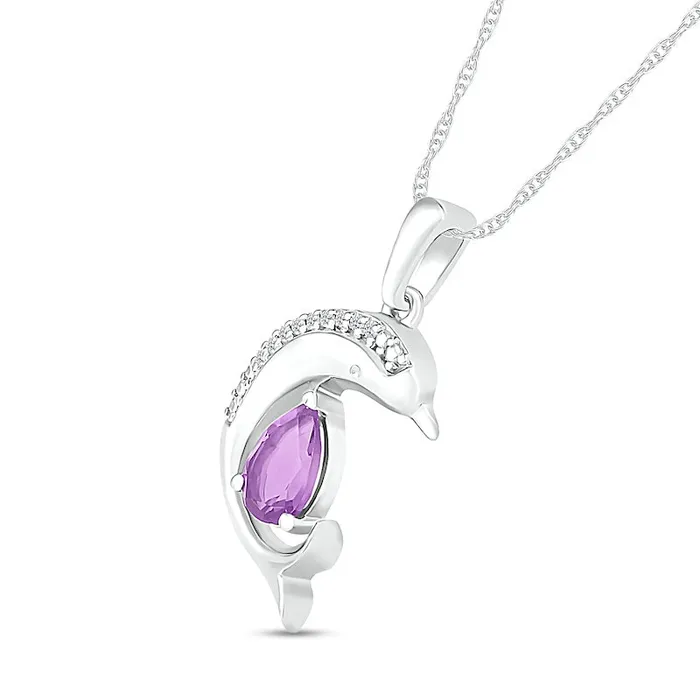 PearShaped Amethyst and Natural Diamond Accent Beaded Dolphin Pendant in Sterling Silver Goldia Necklaces PearShaped Amethyst and Natural Diamond Accent Beaded Dolphin Pendant in Sterling Silver Goldia Necklaces
