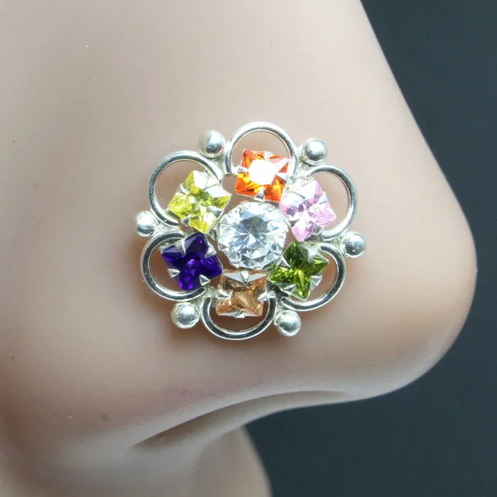Wedding Real Silver Multicolor CZ Nose ring Push Pin Karizma Jewels Rings
