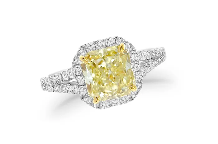 Albert Hern Rings Ring Platinum GIA Fancy Yellow Diamond Pave Split Shank Albert Hern Rings Ring Platinum GIA Fancy Yellow Diamond Pave Split Shank