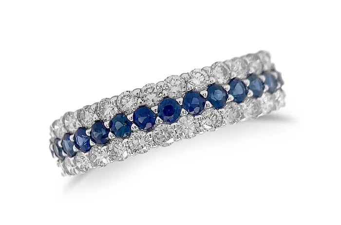Rings Albert Hern Ring 18kt Gold 3Row Band Blue Sapphires Diamonds