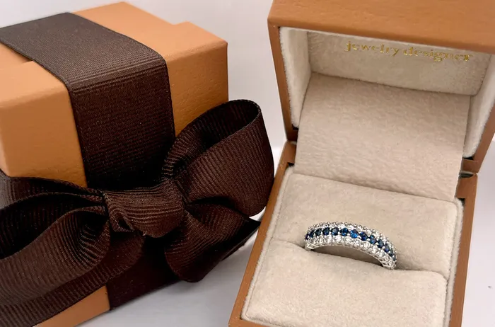 Rings Albert Hern Ring 18kt Gold 3Row Band Blue Sapphires Diamonds Rings Albert Hern Ring 18kt Gold 3Row Band Blue Sapphires Diamonds