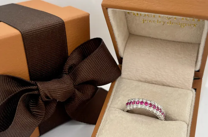 Rings Albert Hern Ring 18kt Gold 3Row Band Rubies Diamonds