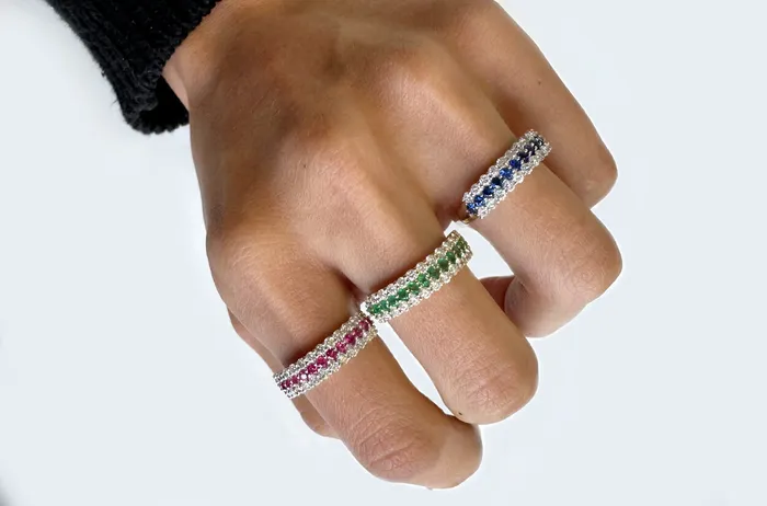 Rings Albert Hern Ring 18kt Gold 3Row Band Rubies Diamonds