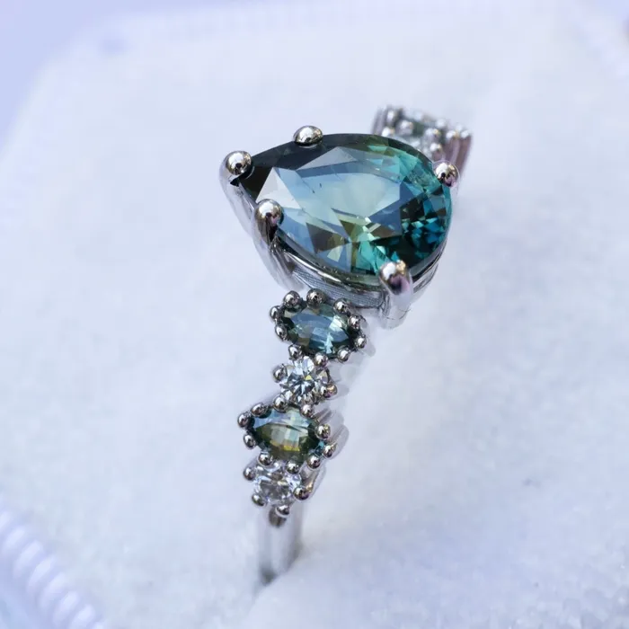 Rings Albrecht Jewellery Blue Green Sapphire and Diamond Unique Engagement Ring 14K Gold Rings Albrecht Jewellery Blue Green Sapphire and Diamond Unique Engagement Ring 14K Gold