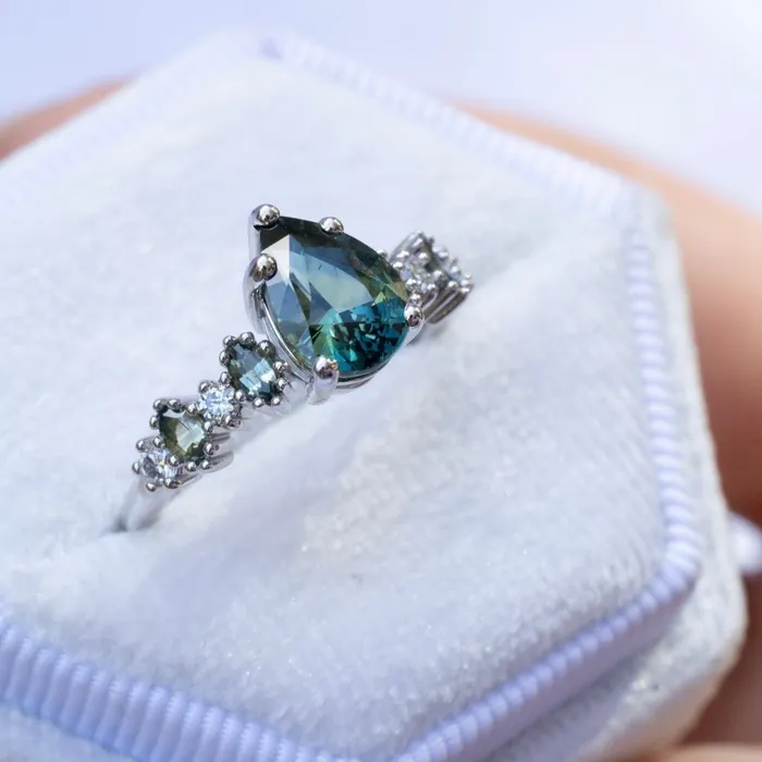 Rings Albrecht Jewellery Blue Green Sapphire and Diamond Unique Engagement Ring 14K Gold Rings Albrecht Jewellery Blue Green Sapphire and Diamond Unique Engagement Ring 14K Gold