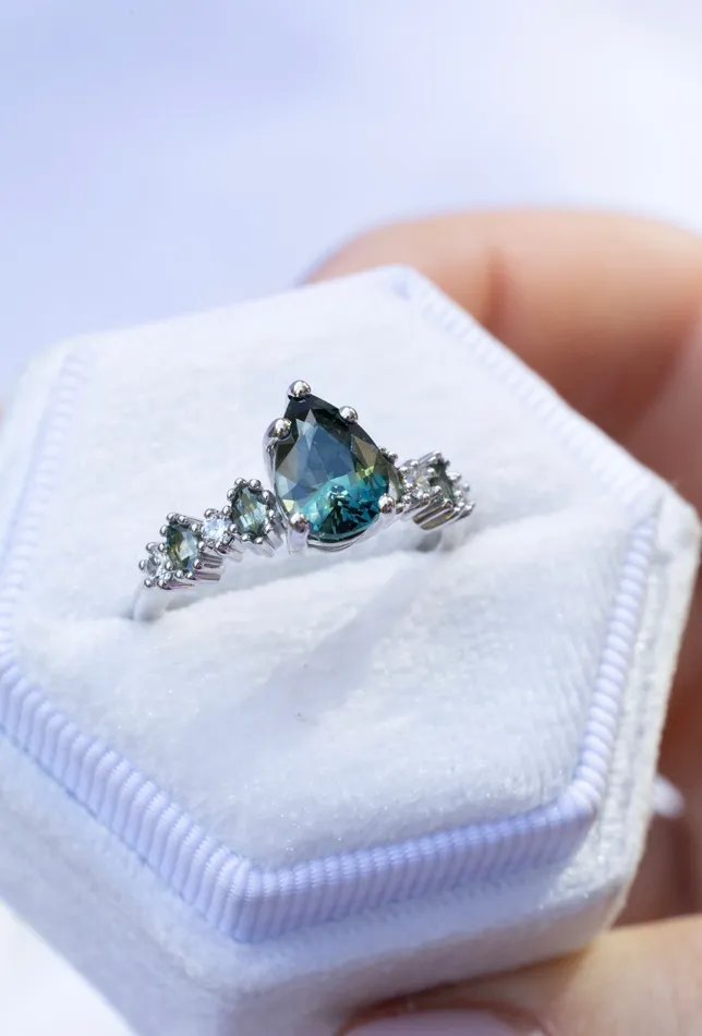 Rings Albrecht Jewellery Blue Green Sapphire and Diamond Unique Engagement Ring 14K Gold Rings Albrecht Jewellery Blue Green Sapphire and Diamond Unique Engagement Ring 14K Gold