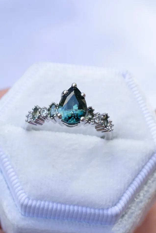 Rings Albrecht Jewellery Blue Green Sapphire and Diamond Unique Engagement Ring 14K Gold Rings Albrecht Jewellery Blue Green Sapphire and Diamond Unique Engagement Ring 14K Gold